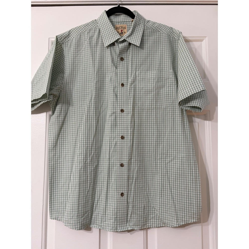 Red Head || Button Down Shirt short sleeve || L || Green Plaid  ||  100% cotton